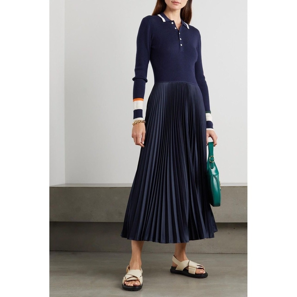 POLO RALPH LAUREN Hybrid Sweater Pleated Midi Polo Dress in Hunter Navy Size M